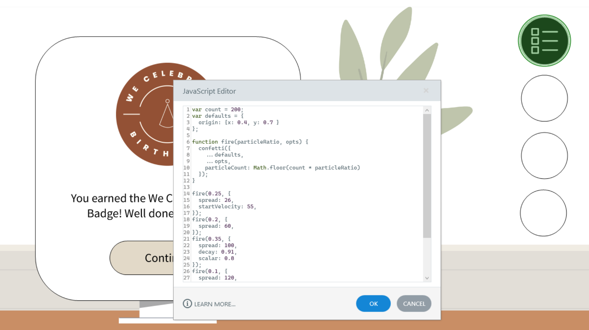 The Storyline JavaScript editor with the confetti burst code