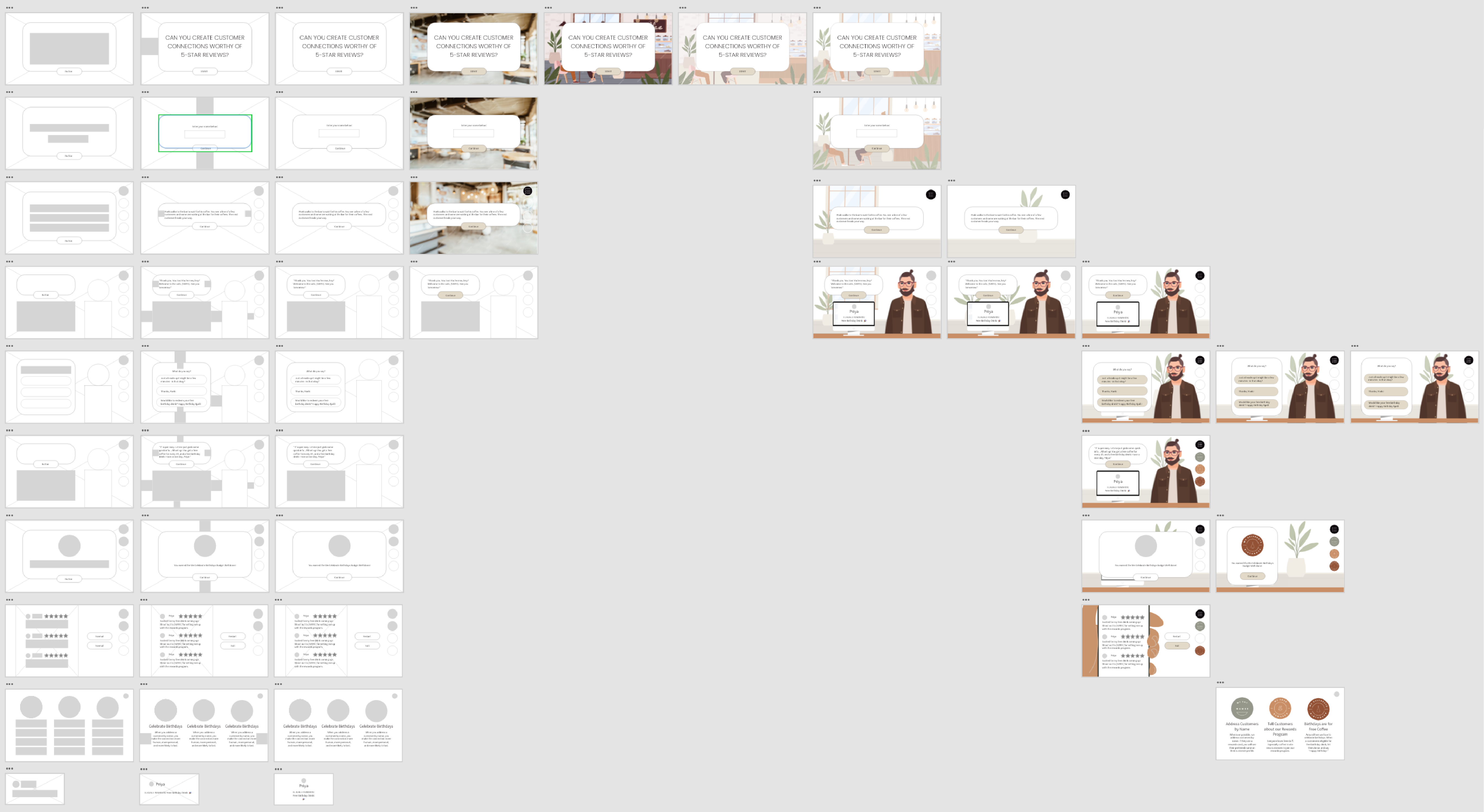 Grid of slide iterations from gray wireframes through to finished illustrated screens