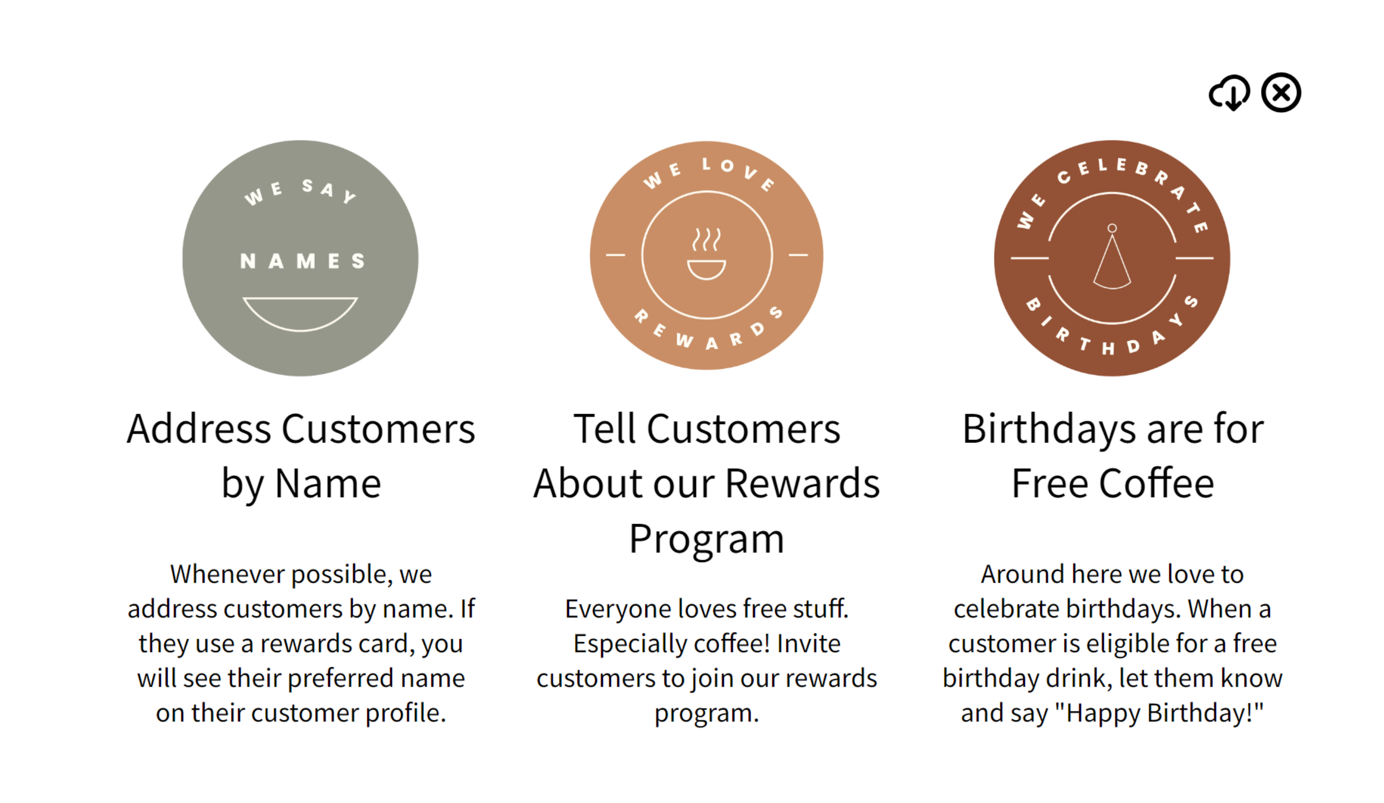 The tip sheet job aid: three badges with short explanations of each behavior