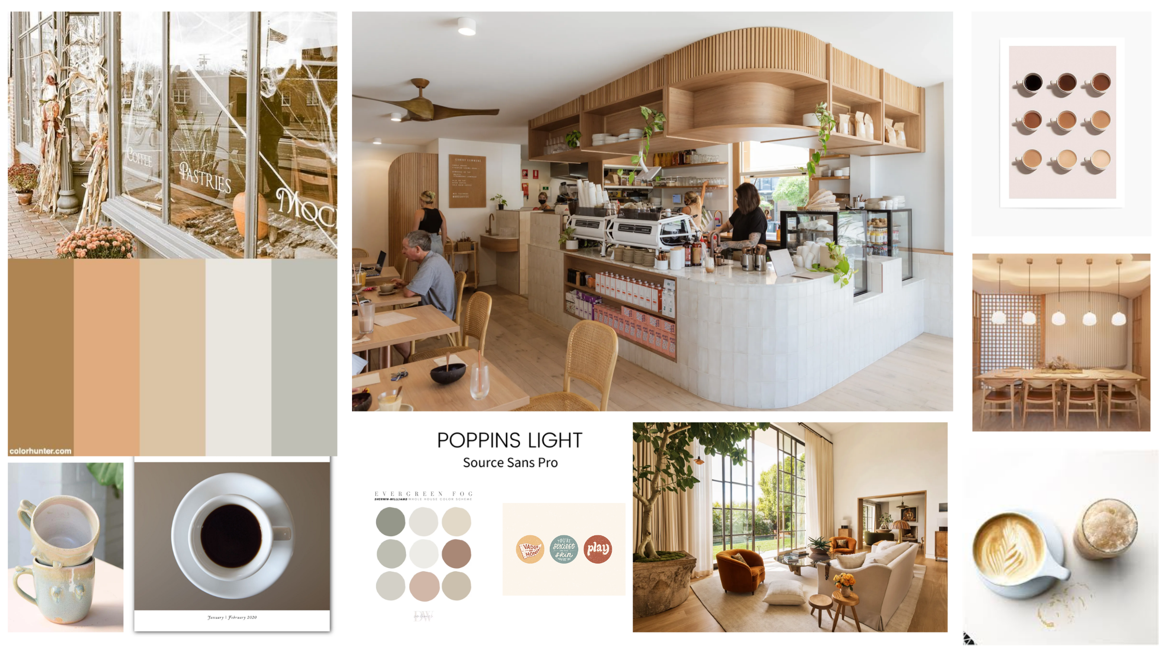 Mood board of café interiors, warm neutral palette and type samples