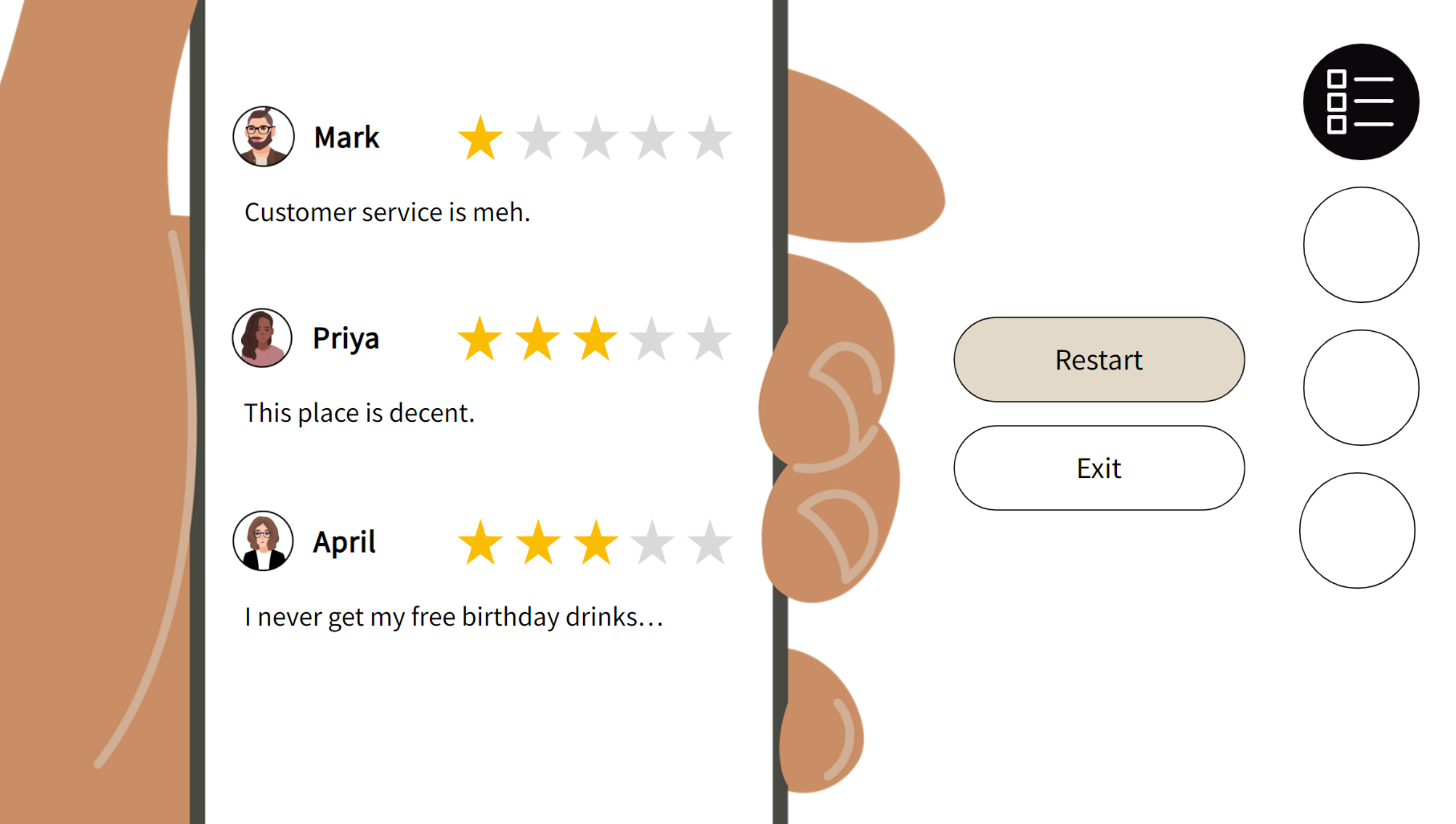 The closing screen: three customer reviews with star ratings reflecting the learner's choices