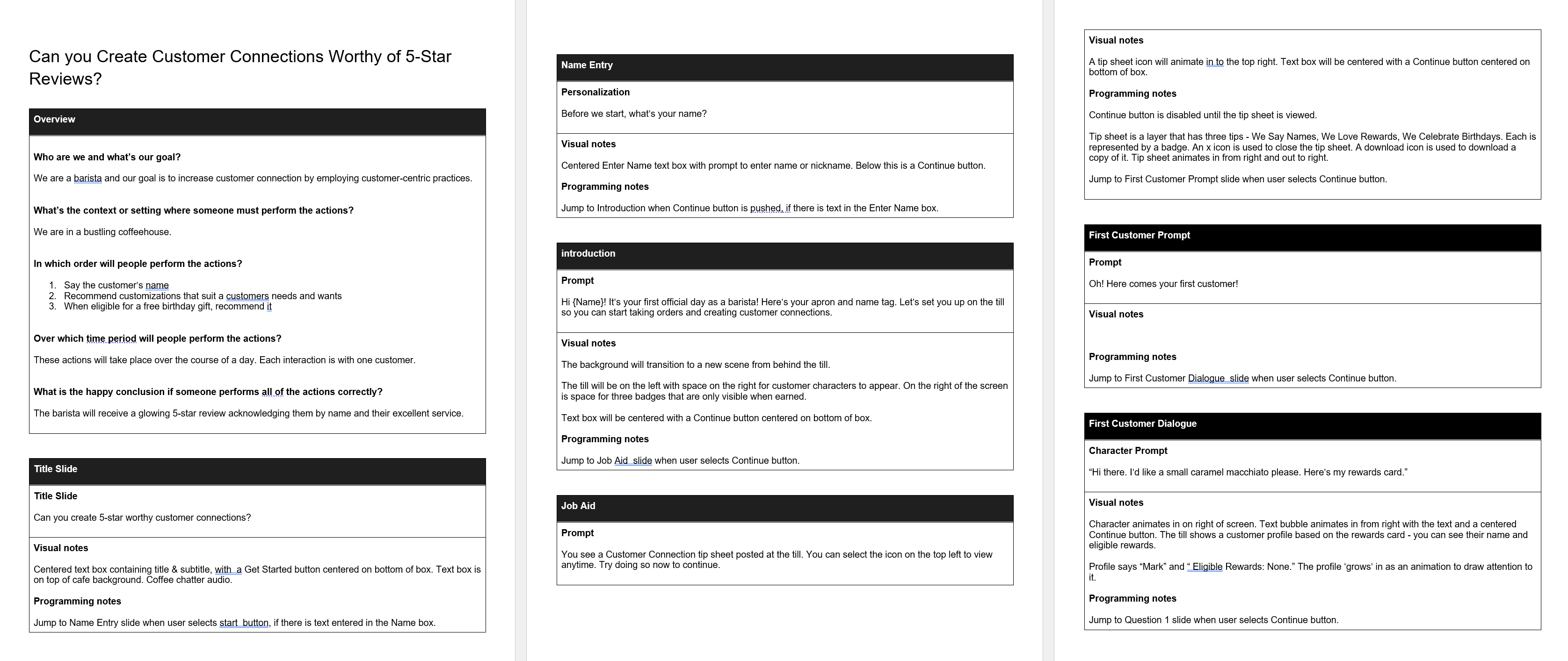 Storyboard document with slide-by-slide prompts, visual notes and programming notes
