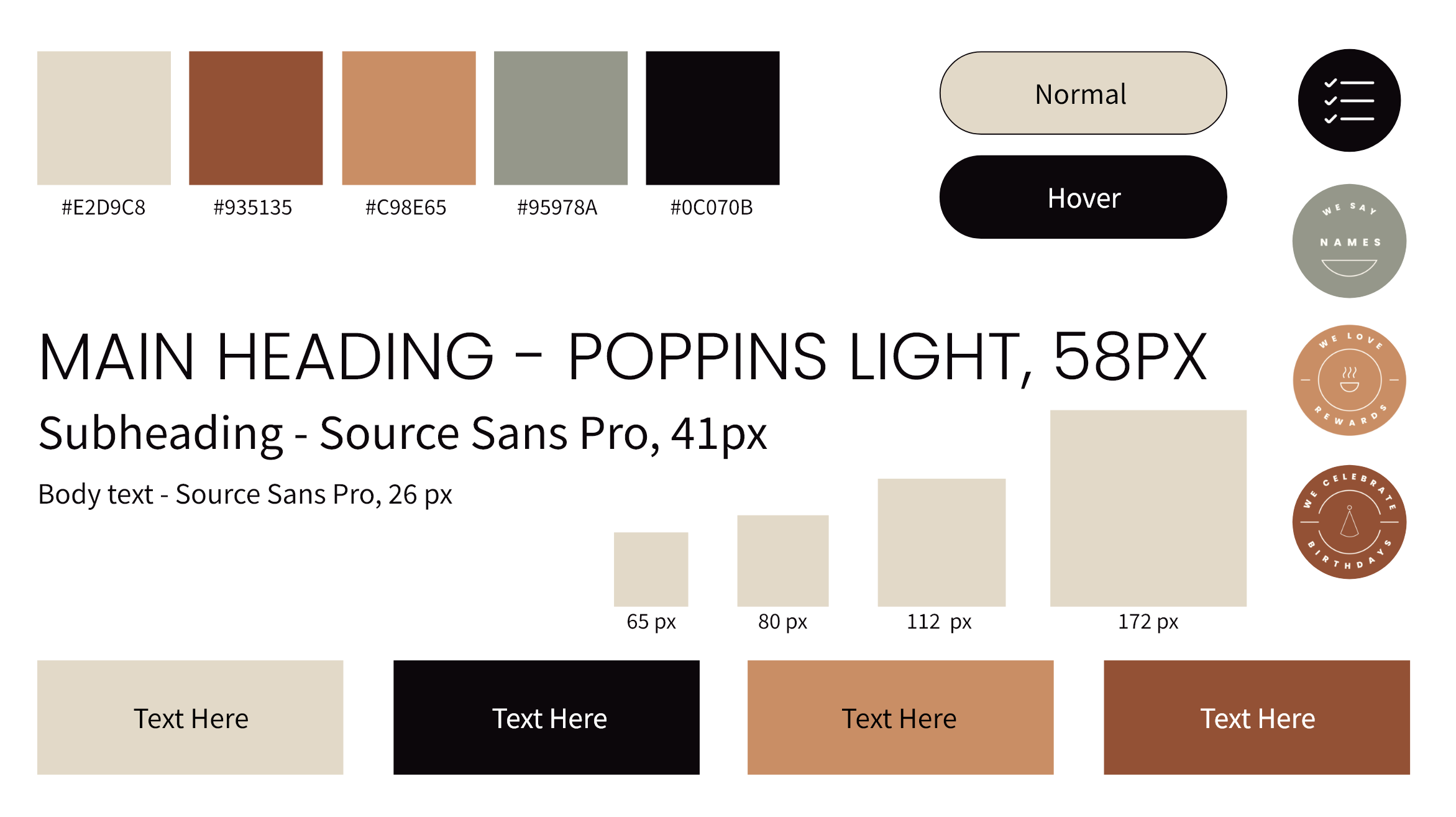 Style guide showing the color palette with hex codes, button states, type scale and the three badge designs