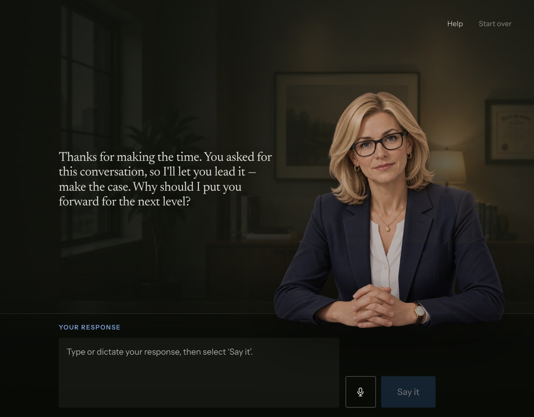 The AI-enabled simulation: Dana sits across the table and asks the learner to make the case for promotion, with a free-text box below