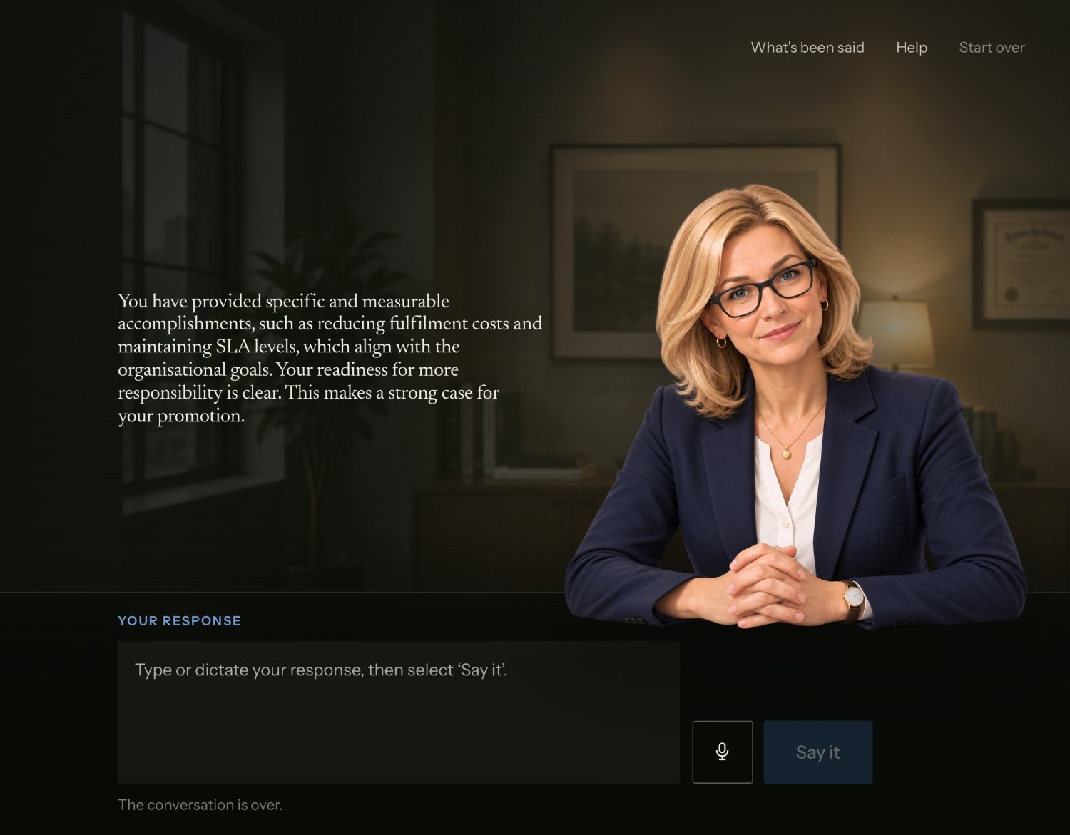 The rebuilt web version: Dana tells the learner their specific accomplishments make a strong case for promotion