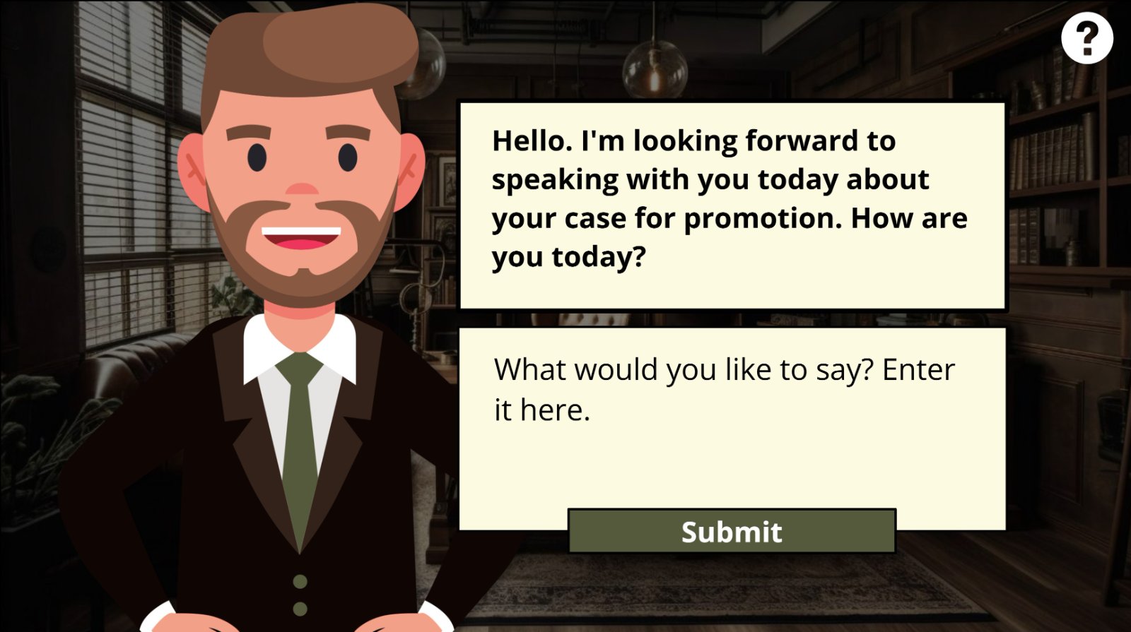 The original Storyline prototype: a manager invites the learner to make their case