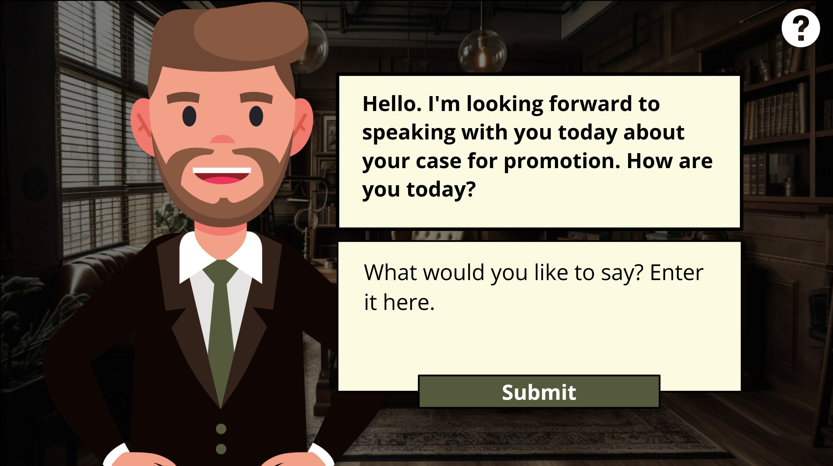 The original Storyline prototype: the manager greets the learner and invites a reply in a free-text box